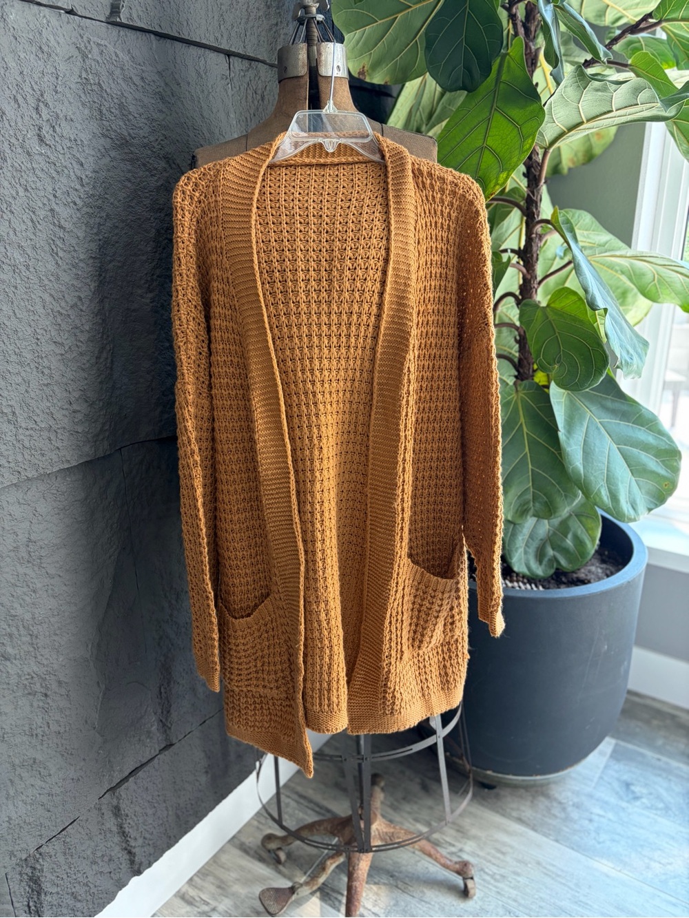 SHEIN Mustard Open-Front Waffle Knit Cardigan